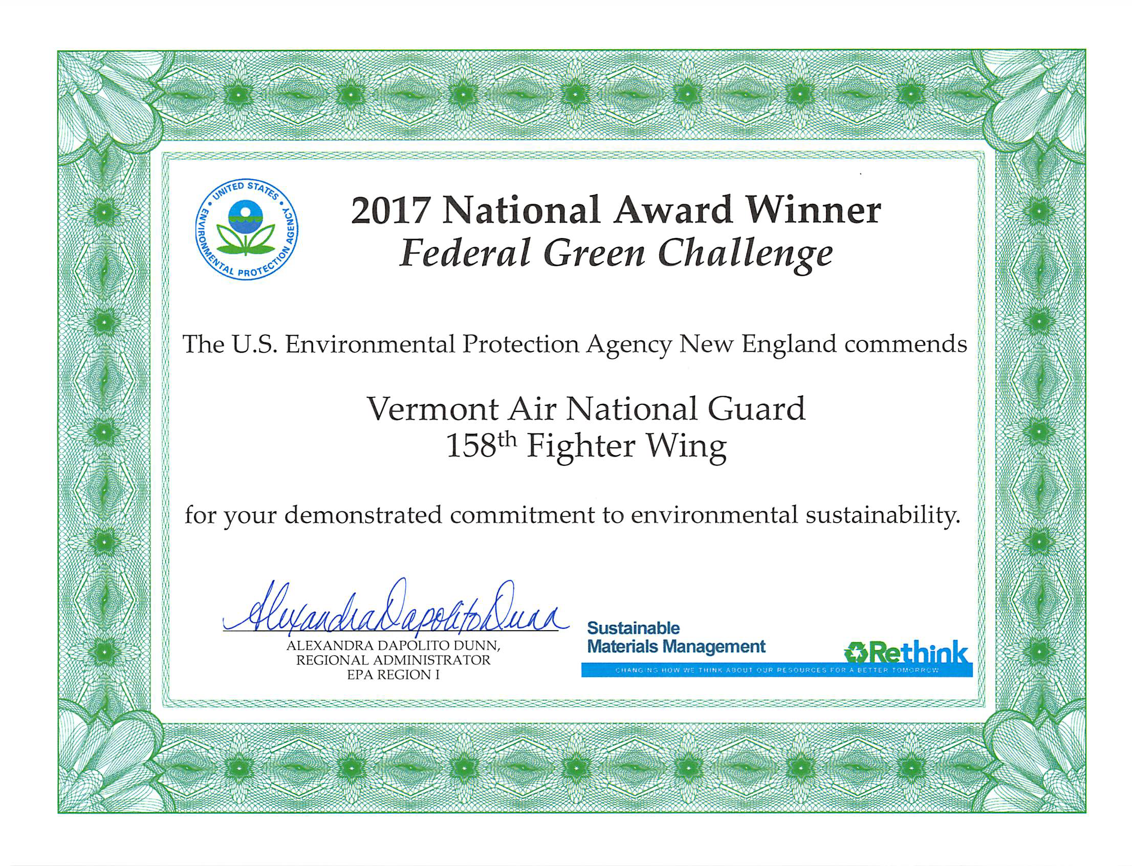 Award certificate for commitment to environmental sustainability 