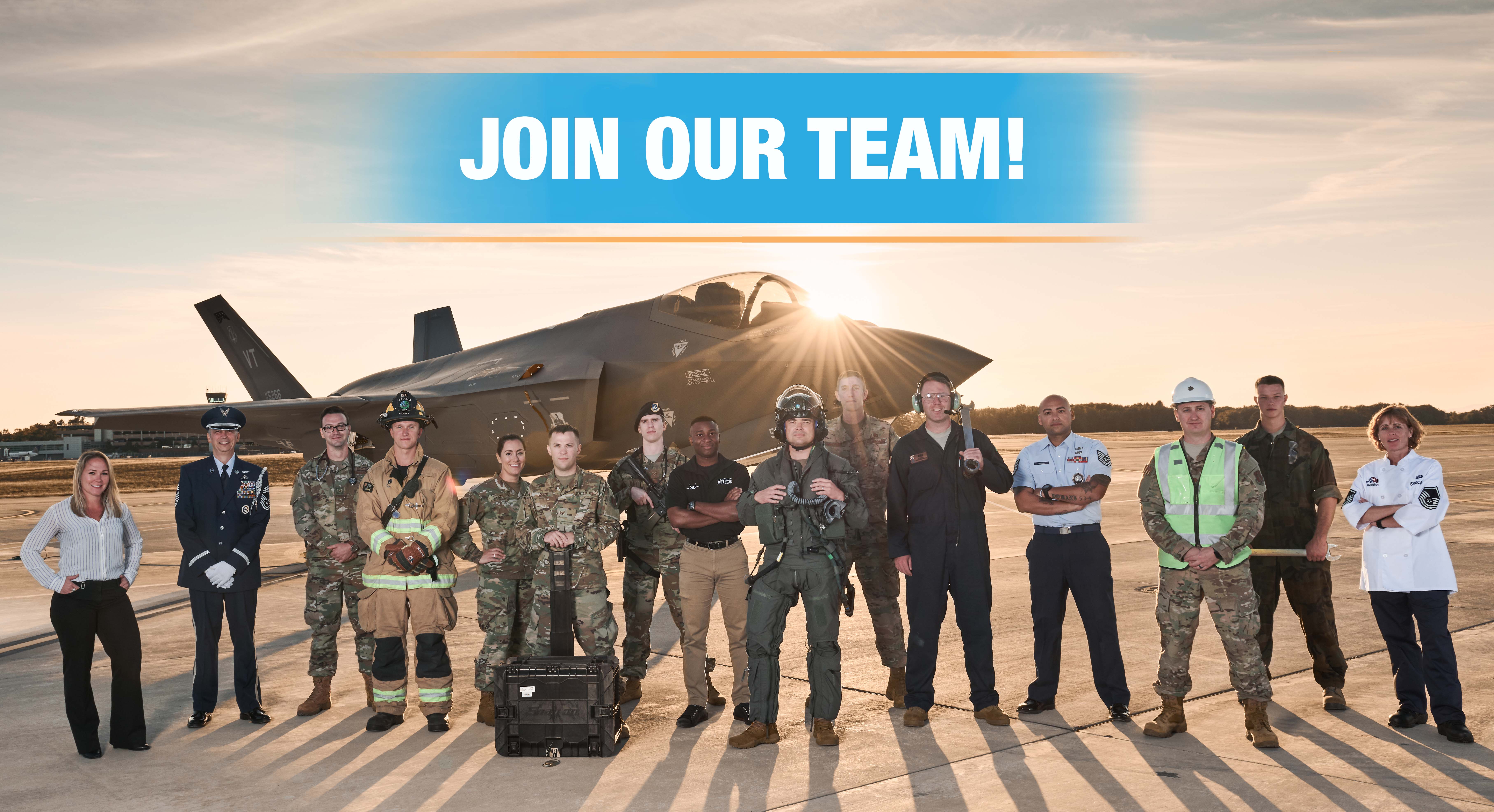 Photo of Airmen from the 158th Fighter Wing standing in front of an F-35 with a banner that states "join our team!"