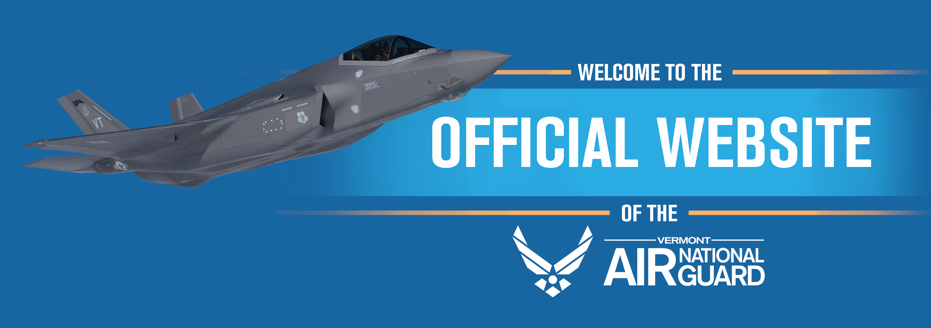 Banner with an F-35 stating "welcome to the official website of the Vermont Air National Guard"